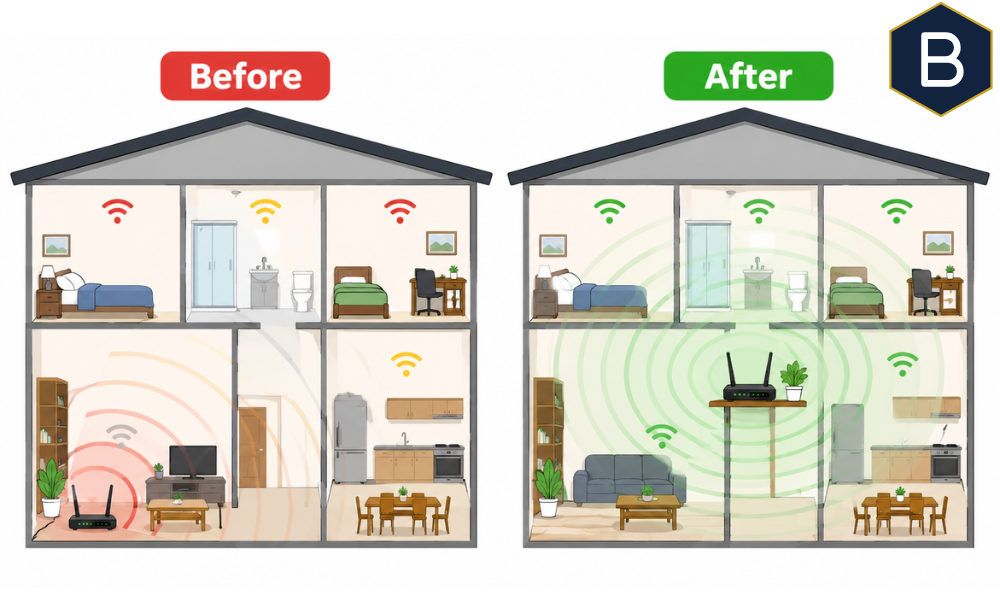 wifi router placement before after house diagram